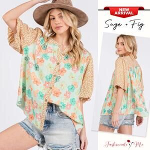 SAGE+FIG Floral Pattern Button Down Short Bubble Sleeves Oversized Shirt | Green
